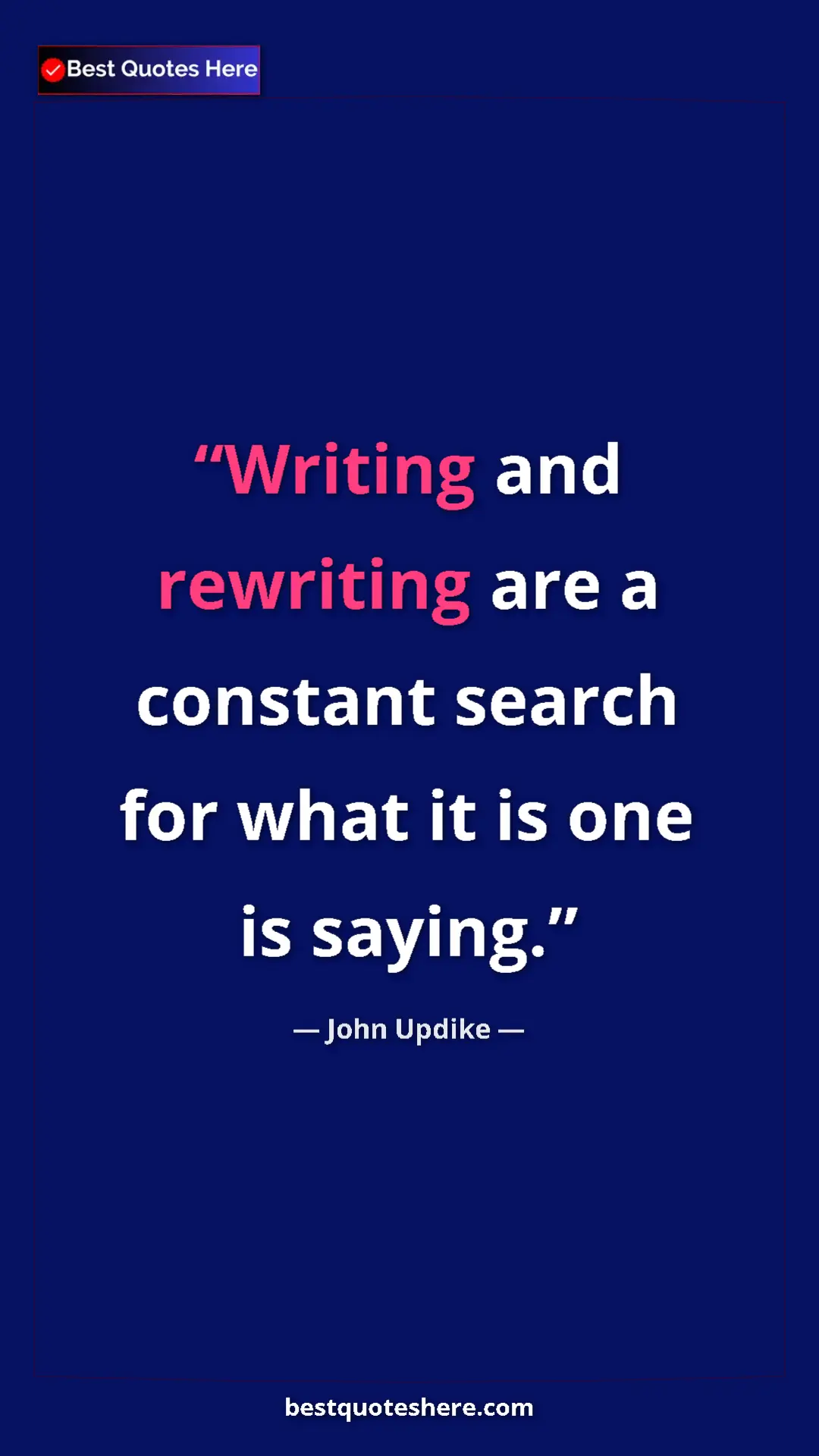 Pinterest quote poster by John Updike: "Writing and rewriting are a constant search for what it is..."