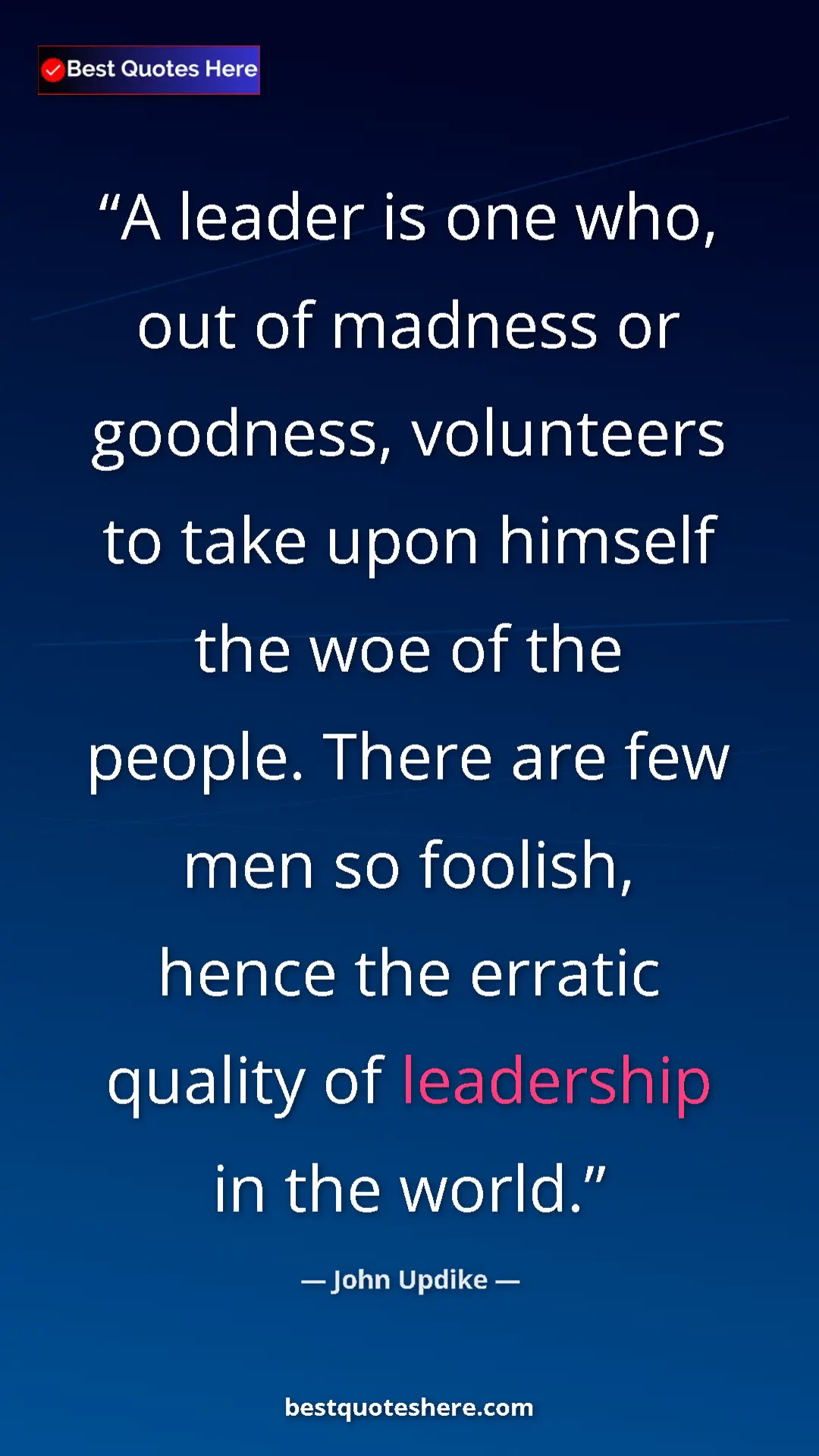 Pinterest quote poster by John Updike: "A leader is one who, out of madness or goodness, volunteers..."