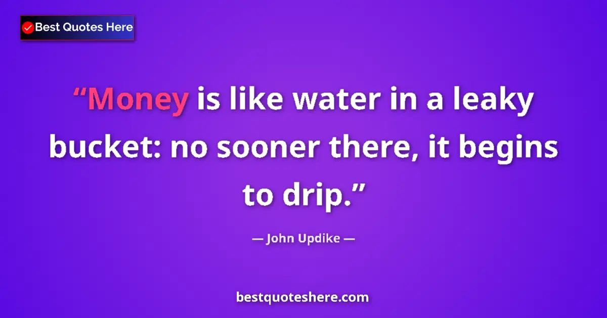 Quote by John Updike: Money is like water in a leaky bucket: no sooner there, it begins to drip....