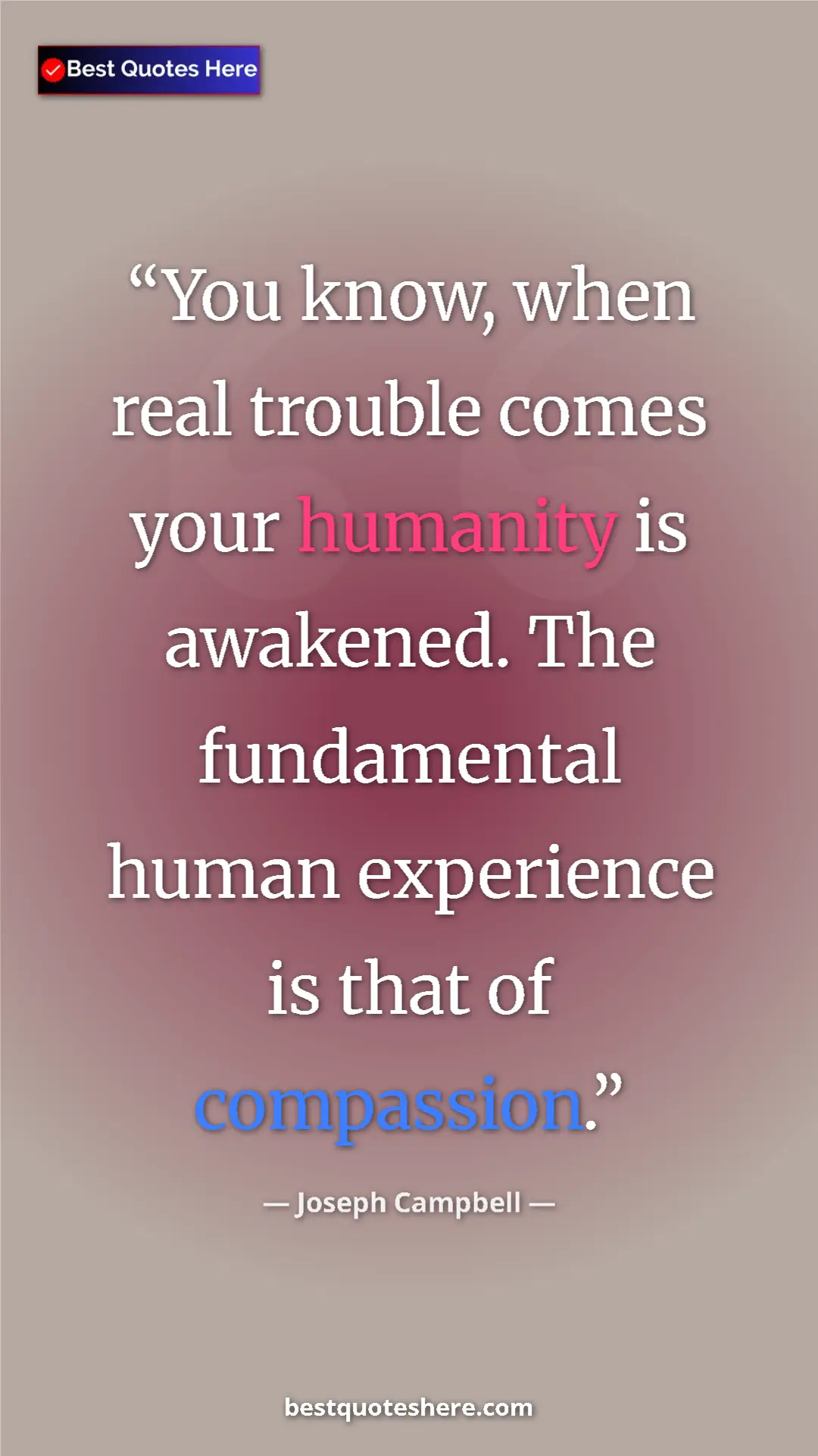 Pinterest quote poster by Joseph Campbell: "You know, when real trouble comes your humanity is..."