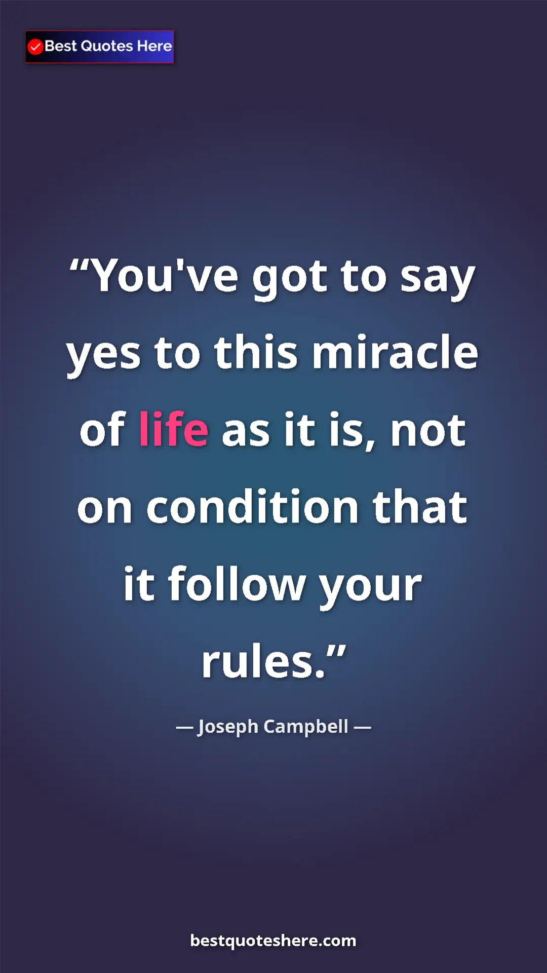 Pinterest quote poster by Joseph Campbell: "You've got to say yes to this miracle of life as it is, not..."