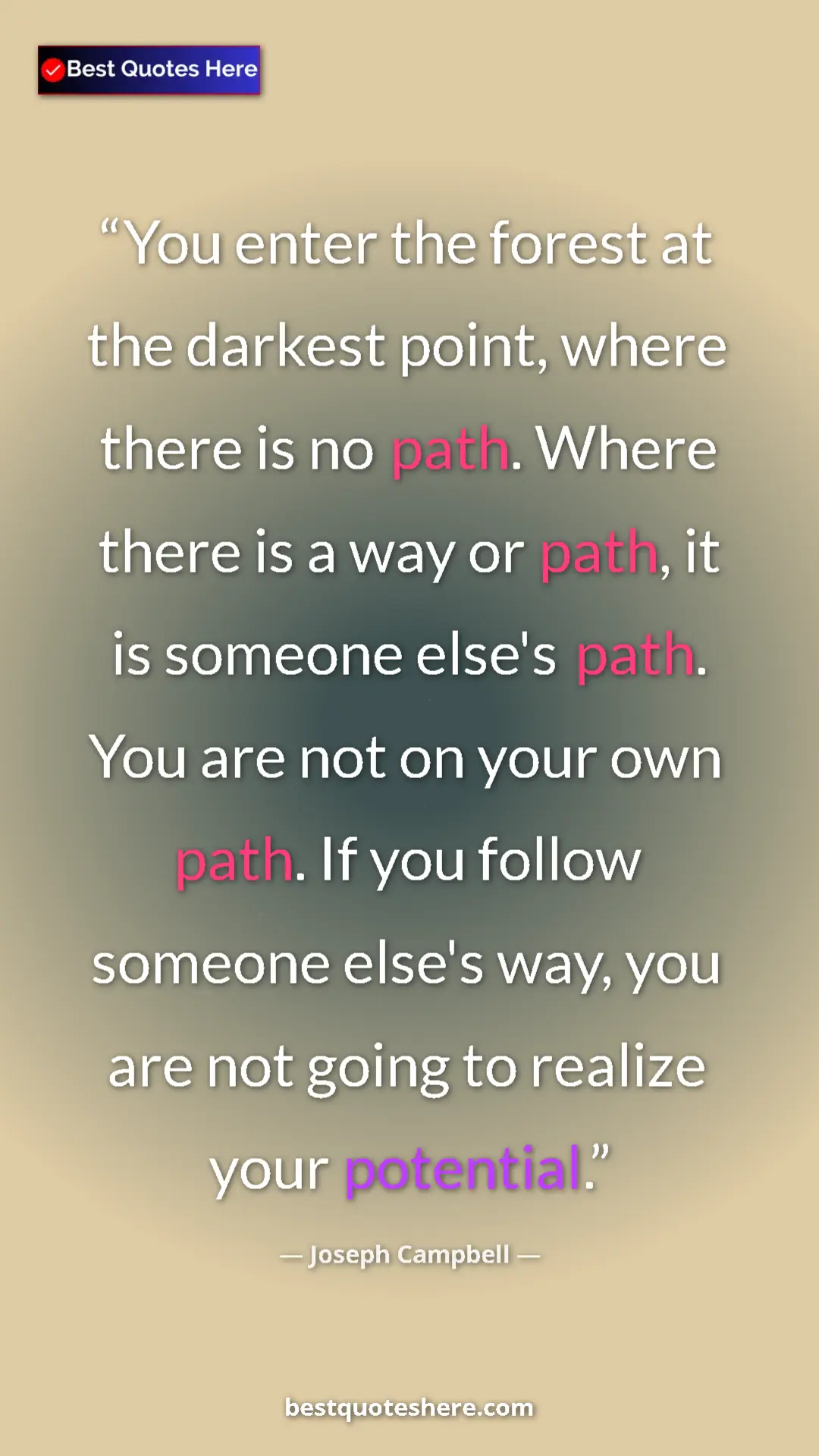 Pinterest quote poster by Joseph Campbell: "You enter the forest at the darkest point, where there is..."
