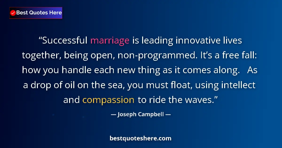 Quote by Joseph Campbell: Successful marriage is leading innovative lives together, being open, non-programmed. It’s a free fa...