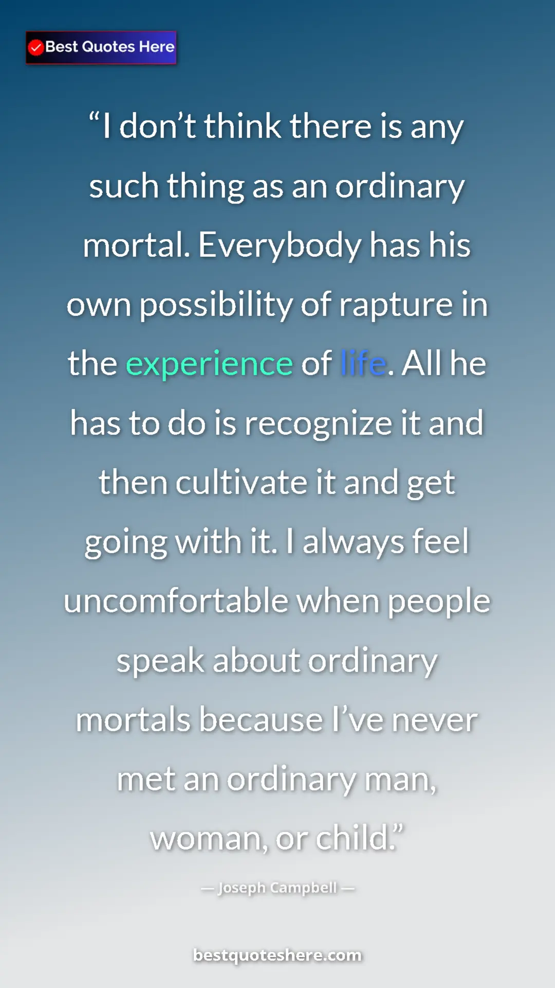 Joseph Campbell Quote Card: "I don’t think there is any such thing as an ordinary..." Pinterest quote poster by Joseph Campbell: "I don’t think there is any such thing as an ordinary..."