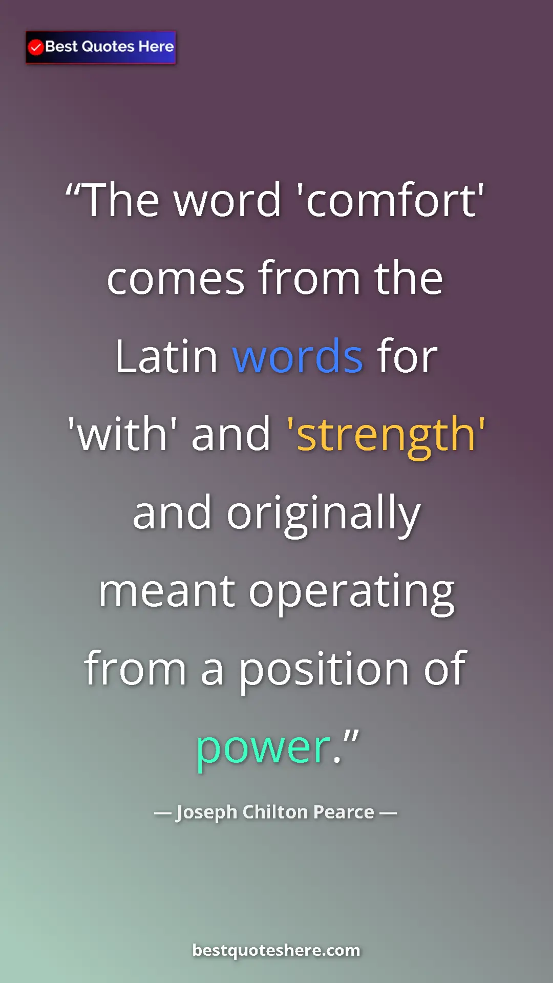 Pinterest quote poster by Joseph Chilton Pearce: "The word 'comfort' comes from the Latin words for 'with'..."