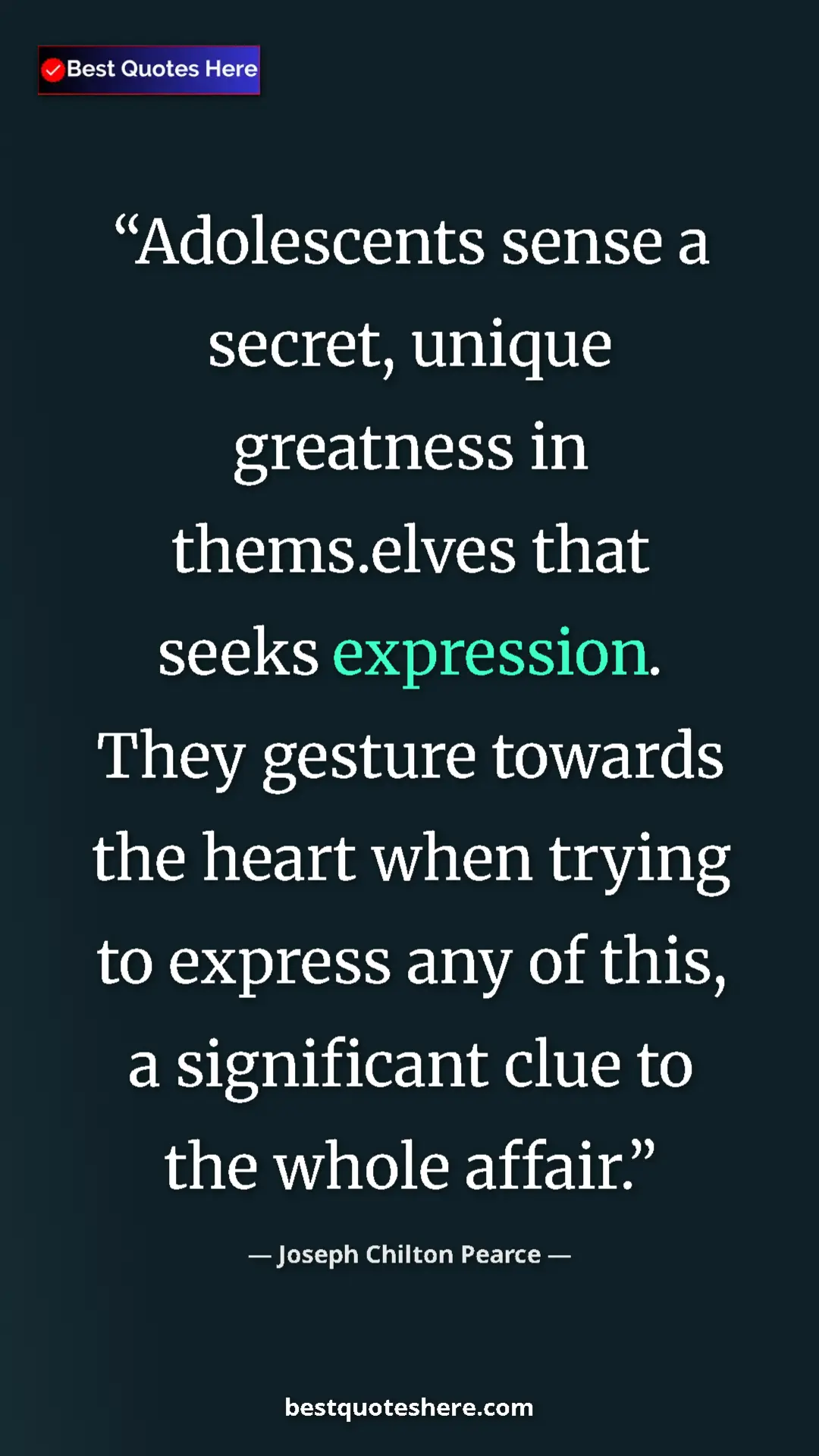 Pinterest quote poster by Joseph Chilton Pearce: "Adolescents sense a secret, unique greatness in thems.elves..."