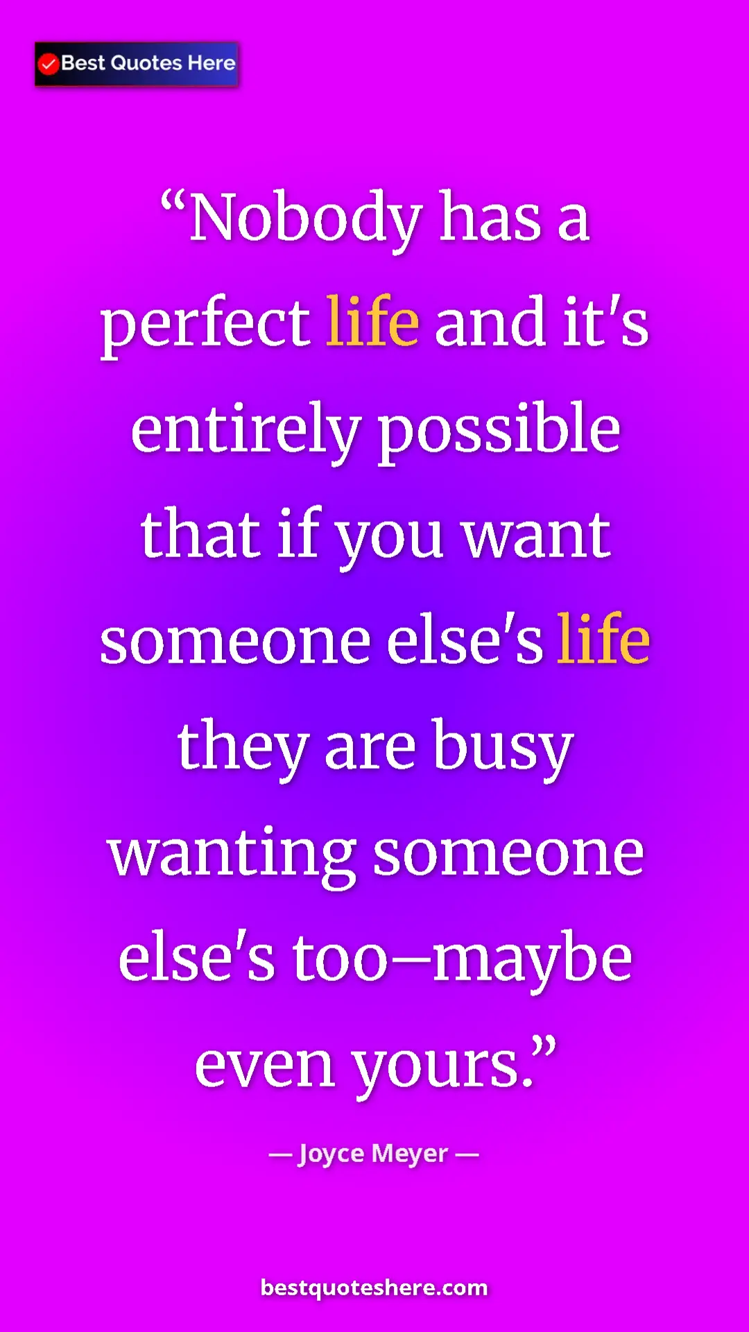 Pinterest quote poster by Joyce Meyer: "Nobody has a perfect life and it's entirely possible that..."