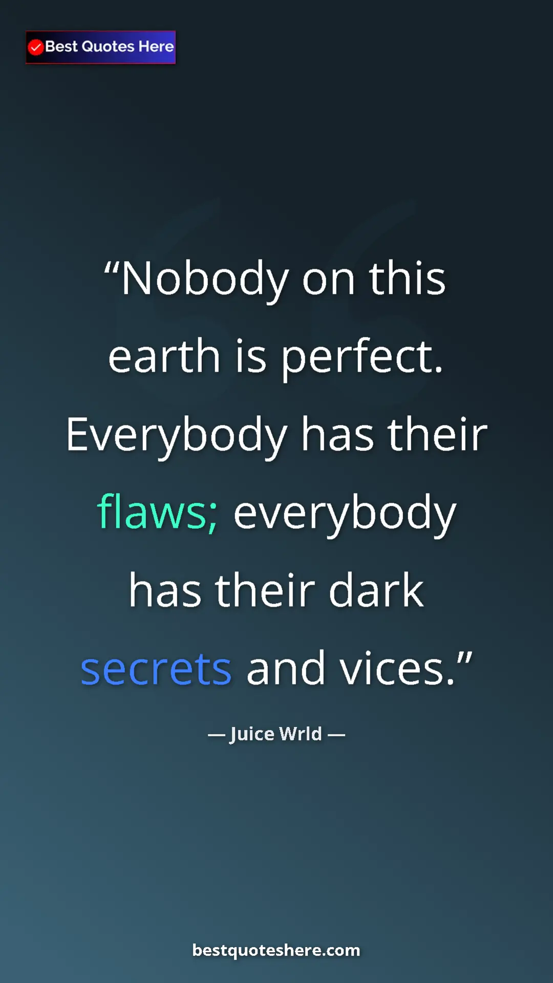 Pinterest quote poster by Juice Wrld: "Nobody on this earth is perfect. Everybody has their flaws;..."