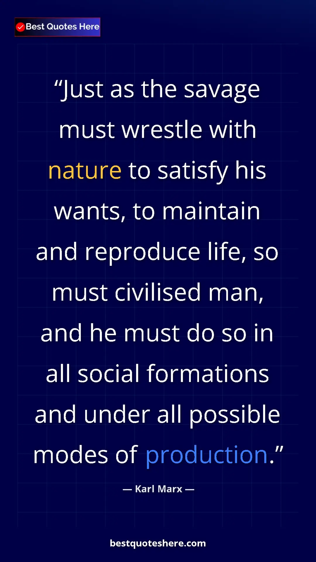 Karl Marx Quote Card: "Just as the savage must wrestle with nature to satisfy his..." Pinterest quote poster by Karl Marx: "Just as the savage must wrestle with nature to satisfy his..."