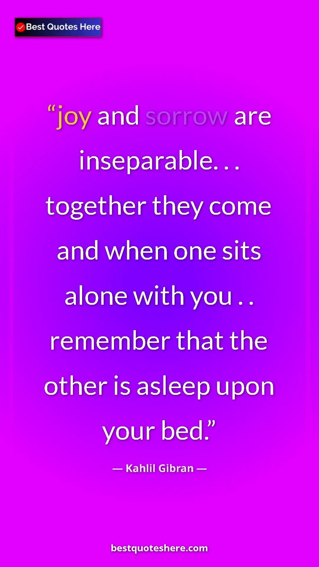 Pinterest quote poster by Kahlil Gibran: "joy and sorrow are inseparable. . . together they come and..."