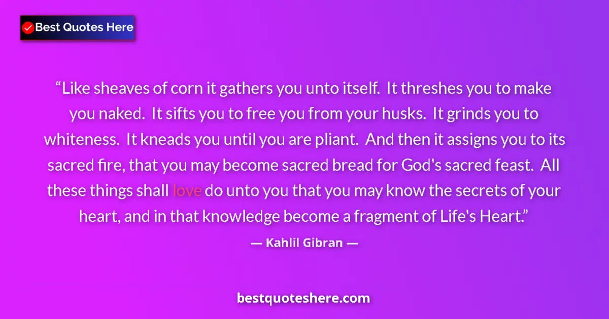 Quote by Kahlil Gibran: Like sheaves of corn it gathers you unto itself.  It threshes you to make you naked.  It sifts you t...