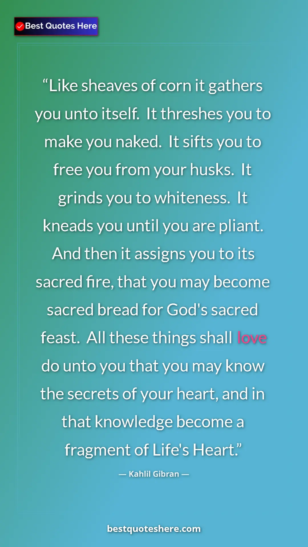 Pinterest quote poster by Kahlil Gibran: "Like sheaves of corn it gathers you unto itself.  It..."