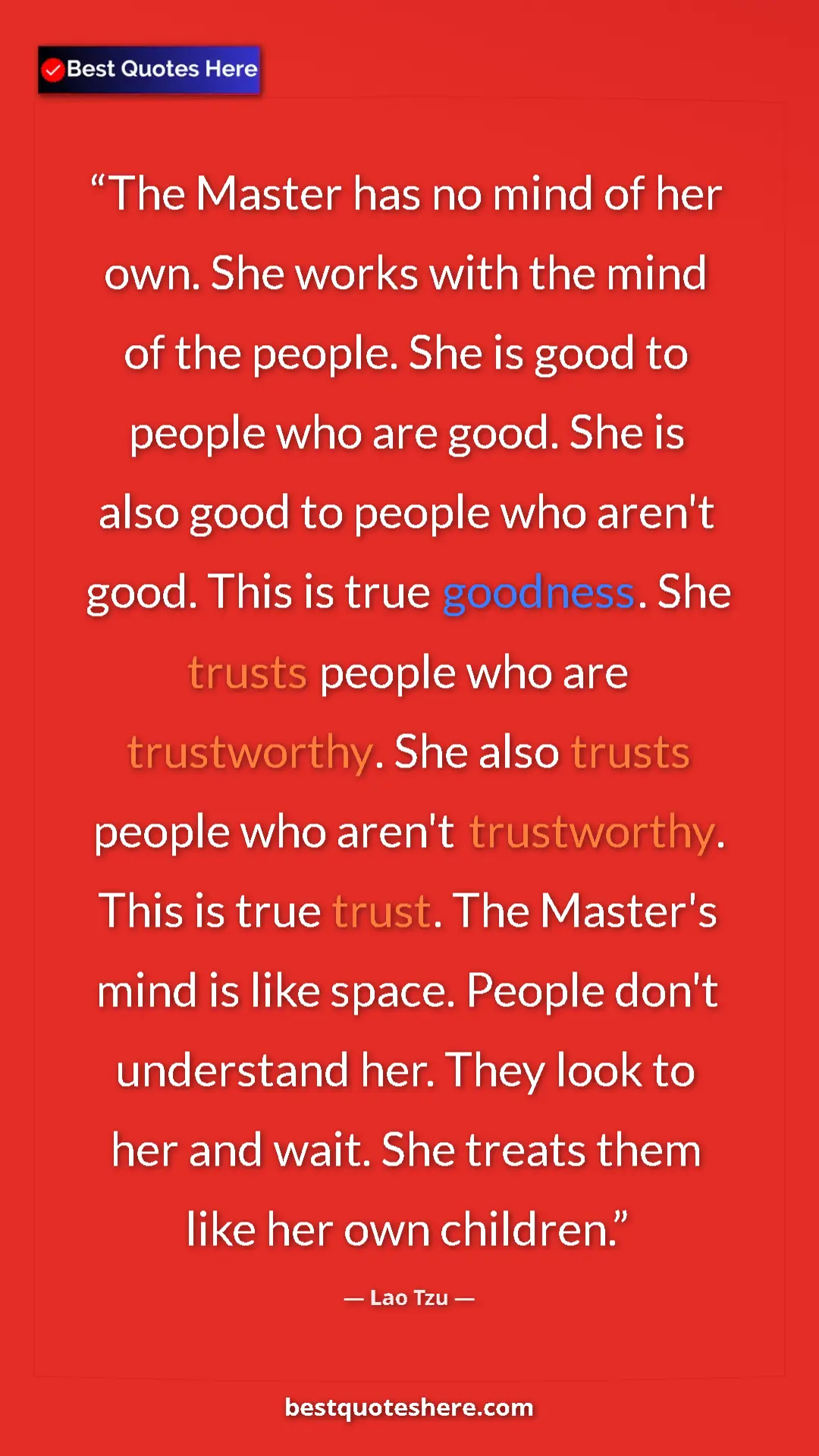 Pinterest quote poster by Lao Tzu: "The Master has no mind of her own. She works with the mind..."