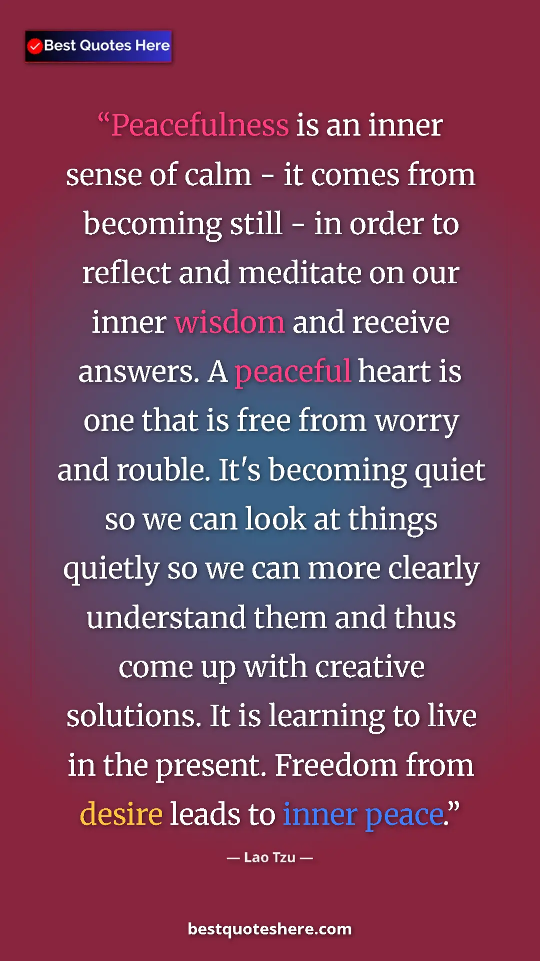 Lao Tzu Quote Card: "Peacefulness is an inner sense of calm - it comes from becom" Pinterest quote poster by Lao Tzu: "Peacefulness is an inner sense of calm - it comes from becom"