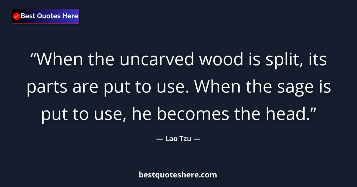 Quote by Lao Tzu: When the uncarved wood is split, its parts are put to use. When the sage is put to use, he becomes t...