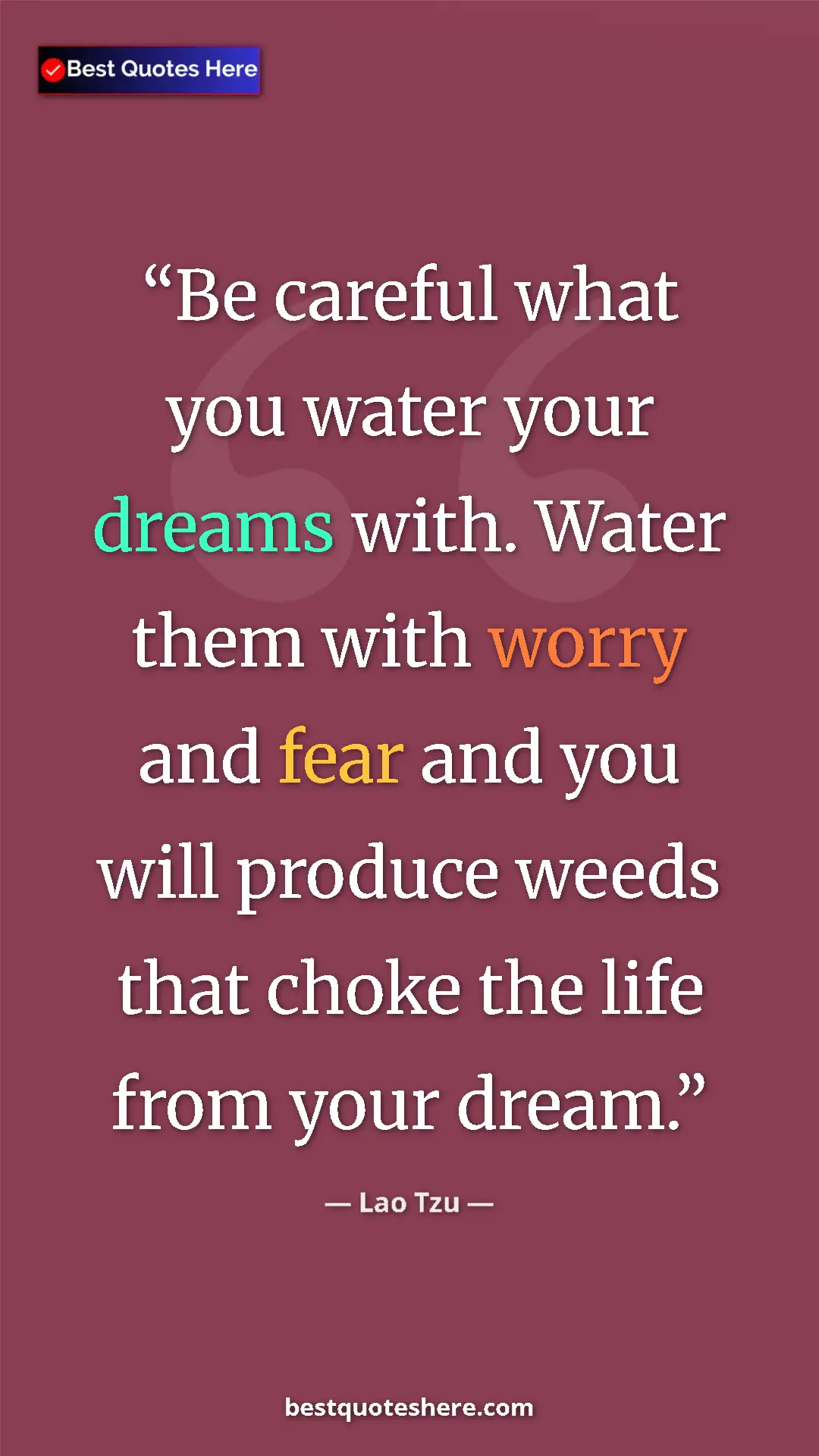 Pinterest quote poster by Lao Tzu: "Be careful what you water your dreams with. Water them with..."