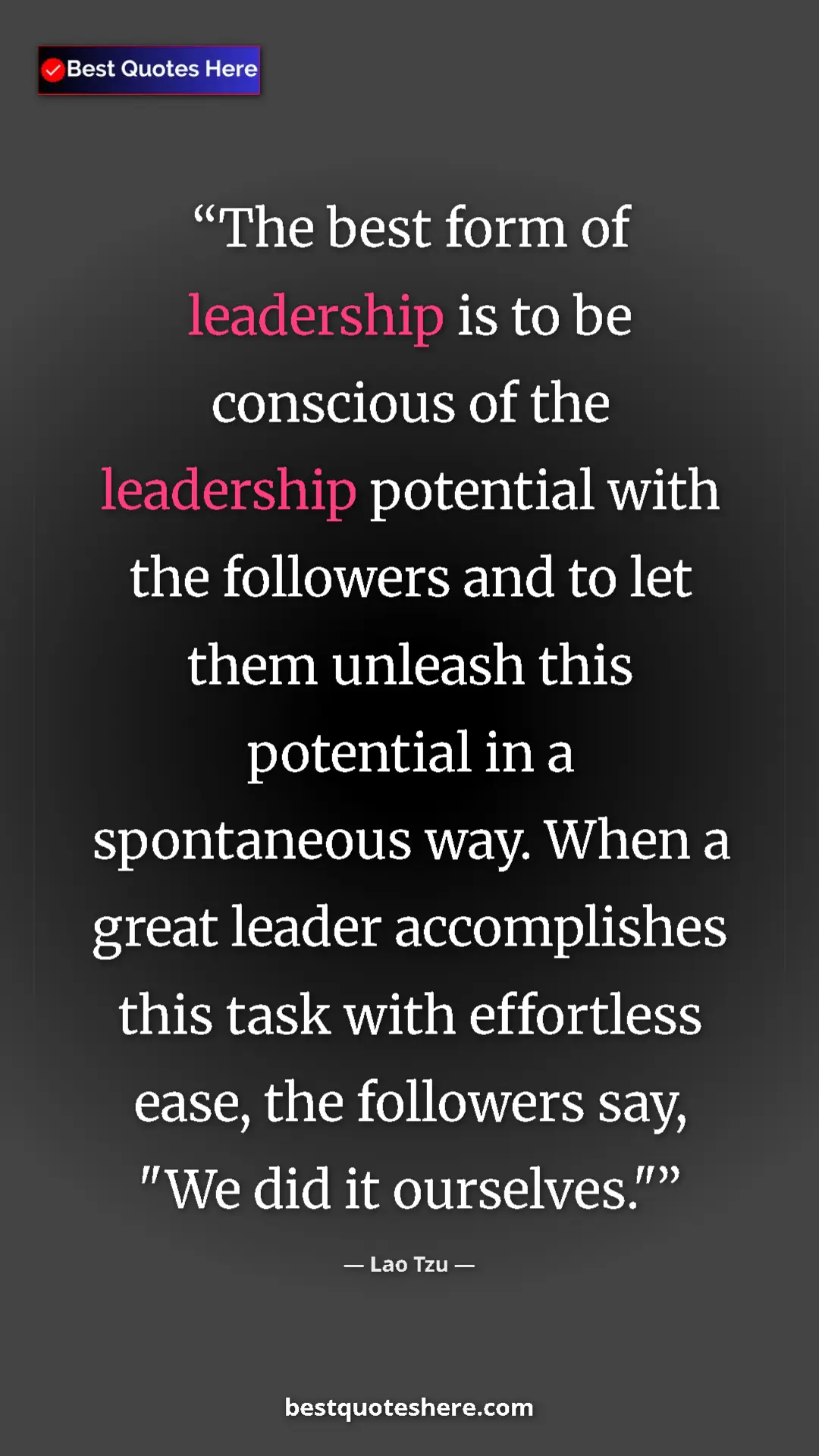 Lao Tzu Quote Card: "The best form of leadership is to be conscious of the..." Pinterest quote poster by Lao Tzu: "The best form of leadership is to be conscious of the..."