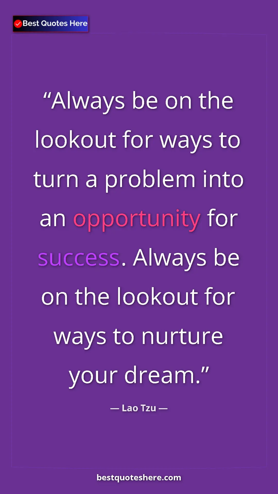 Pinterest quote poster by Lao Tzu: "Always be on the lookout for ways to turn a problem into an..."