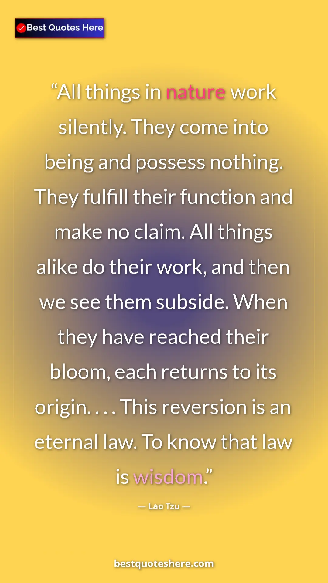 Pinterest quote poster by Lao Tzu: "All things in nature work silently. They come into being..."