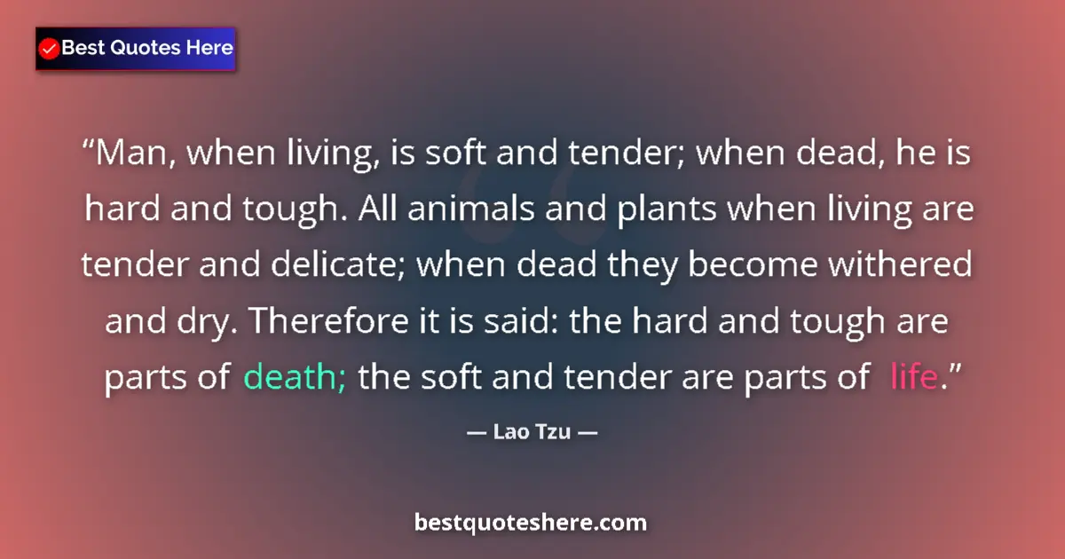 Quote by Lao Tzu: Man, when living, is soft and tender; when dead, he is hard and tough. All animals and plants when l...