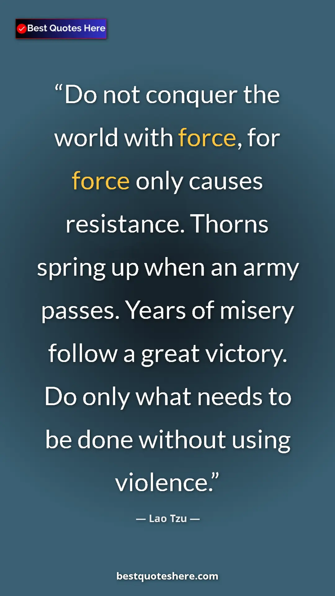 Pinterest quote poster by Lao Tzu: "Do not conquer the world with force, for force only causes..."