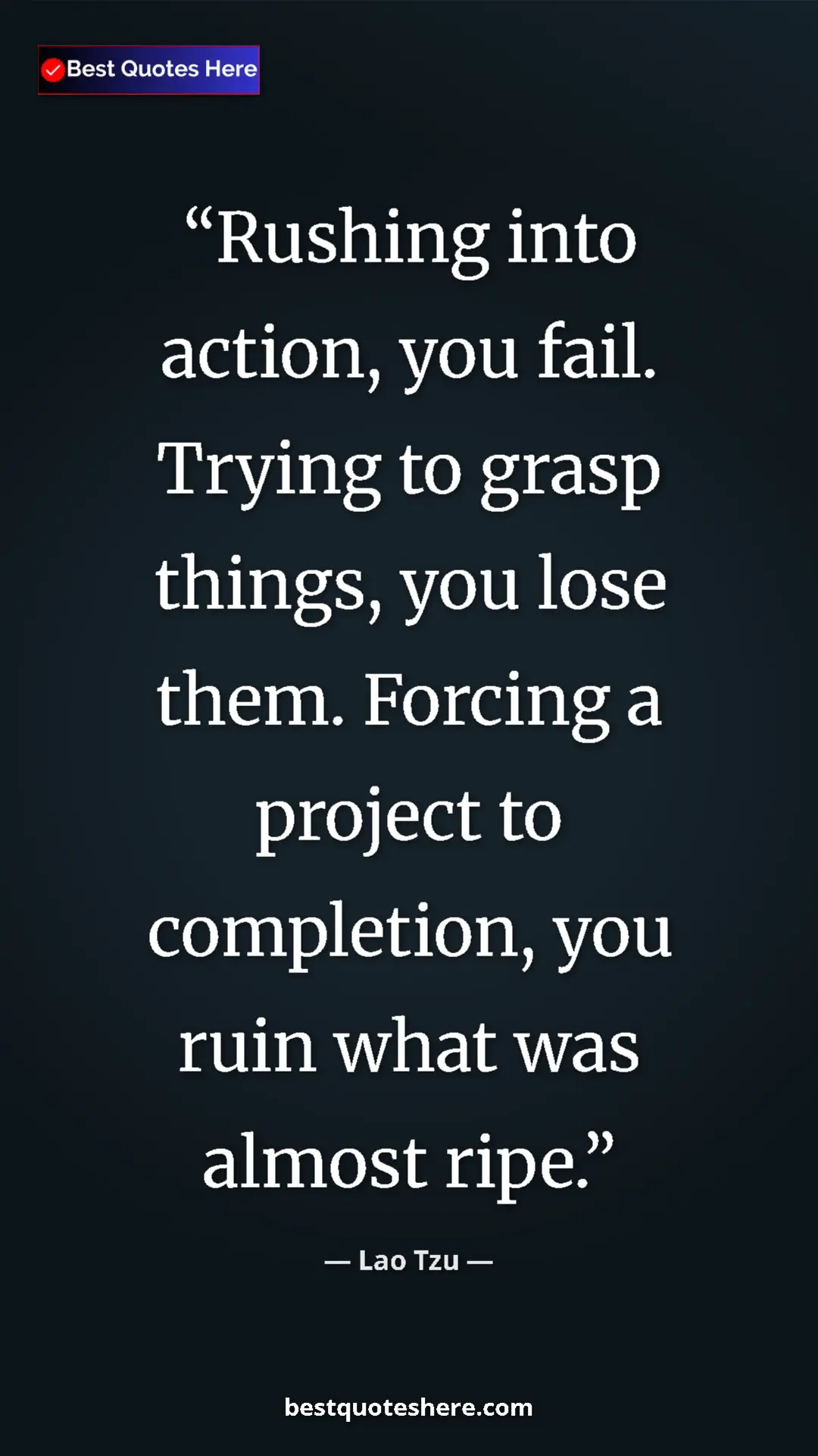 Pinterest quote poster by Lao Tzu: "Rushing into action, you fail. Trying to grasp things, you..."
