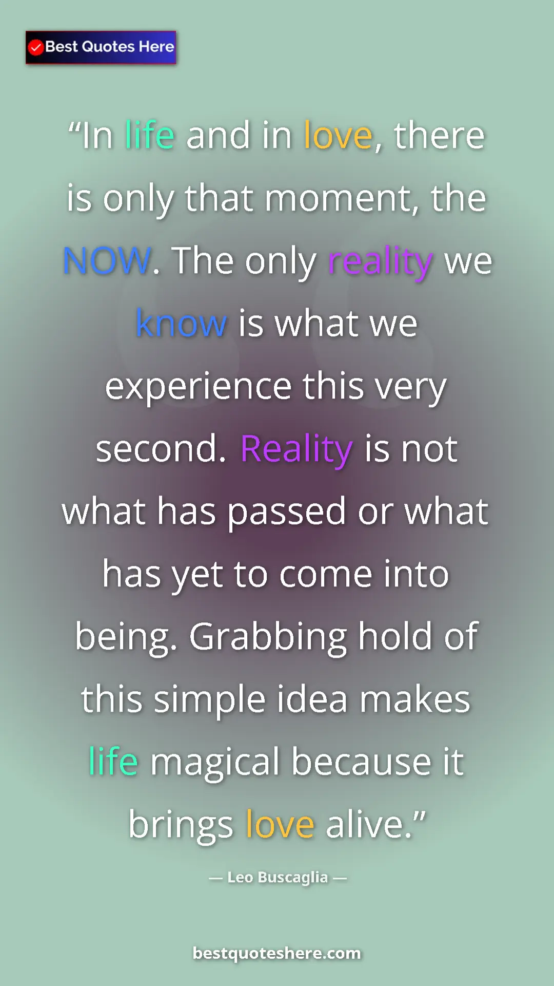 Pinterest quote poster by Leo Buscaglia: "In life and in love, there is only that moment, the NOW...."