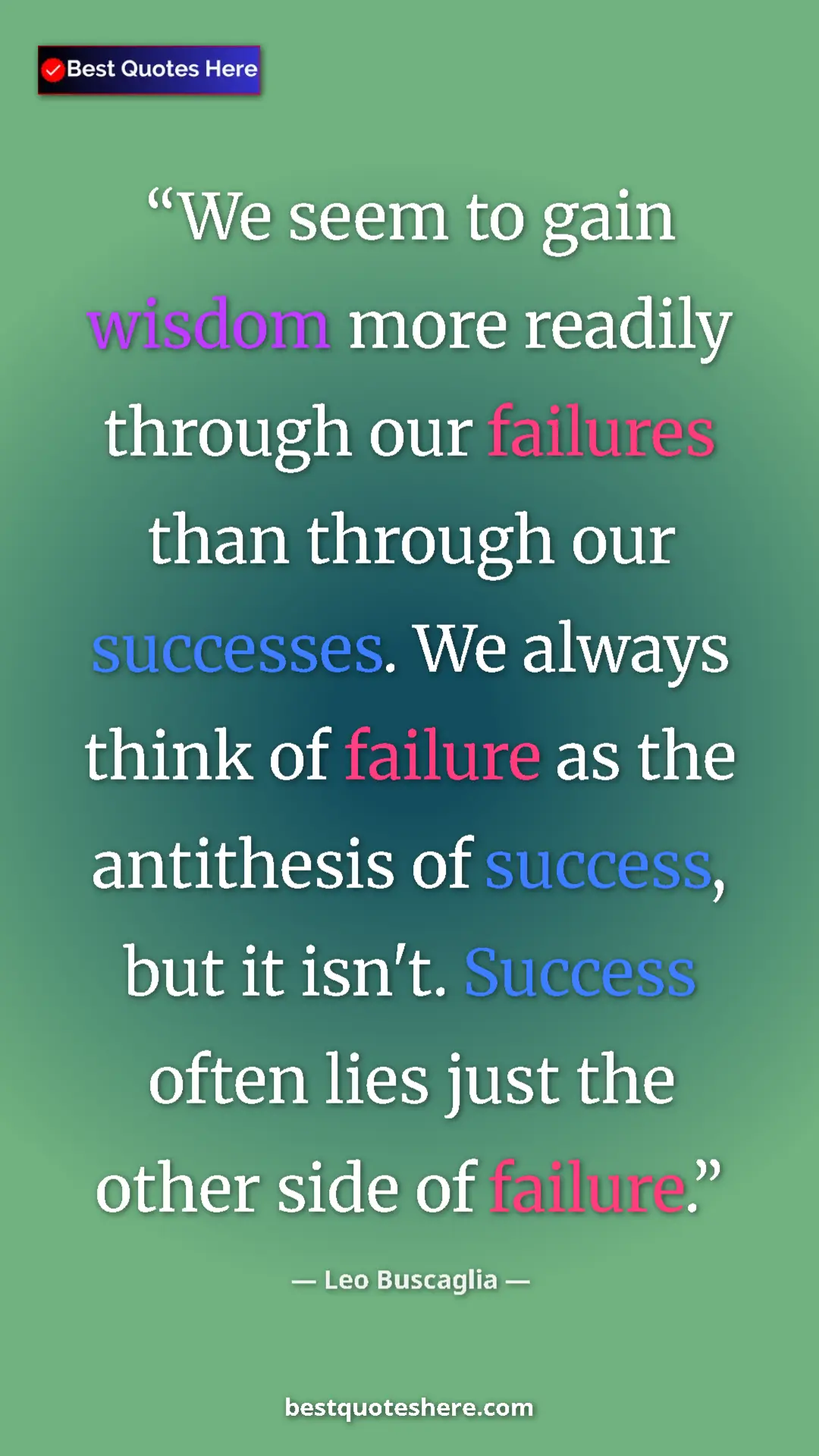 Pinterest quote poster by Leo Buscaglia: "We seem to gain wisdom more readily through our failures..."