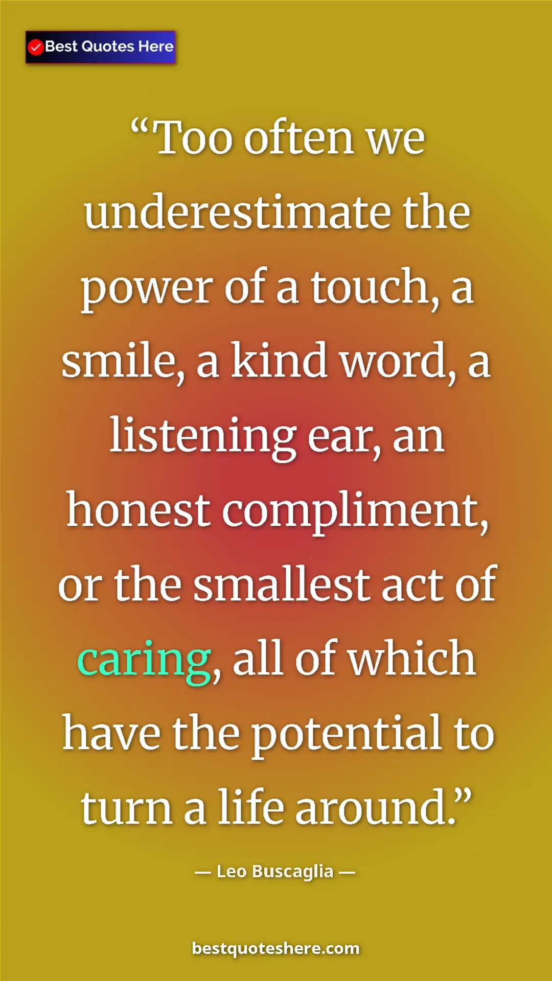 Pinterest quote poster by Leo Buscaglia: "Too often we underestimate the power of a touch, a smile, a..."