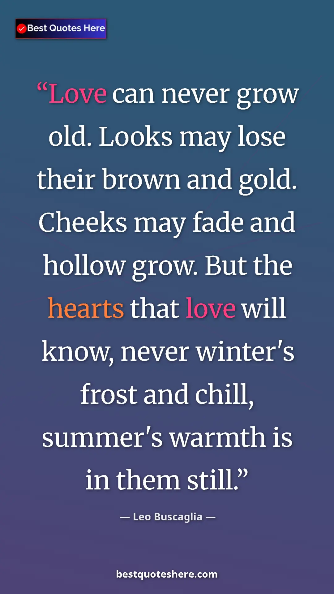 Pinterest quote poster by Leo Buscaglia: "Love can never grow old. Looks may lose their brown and..."