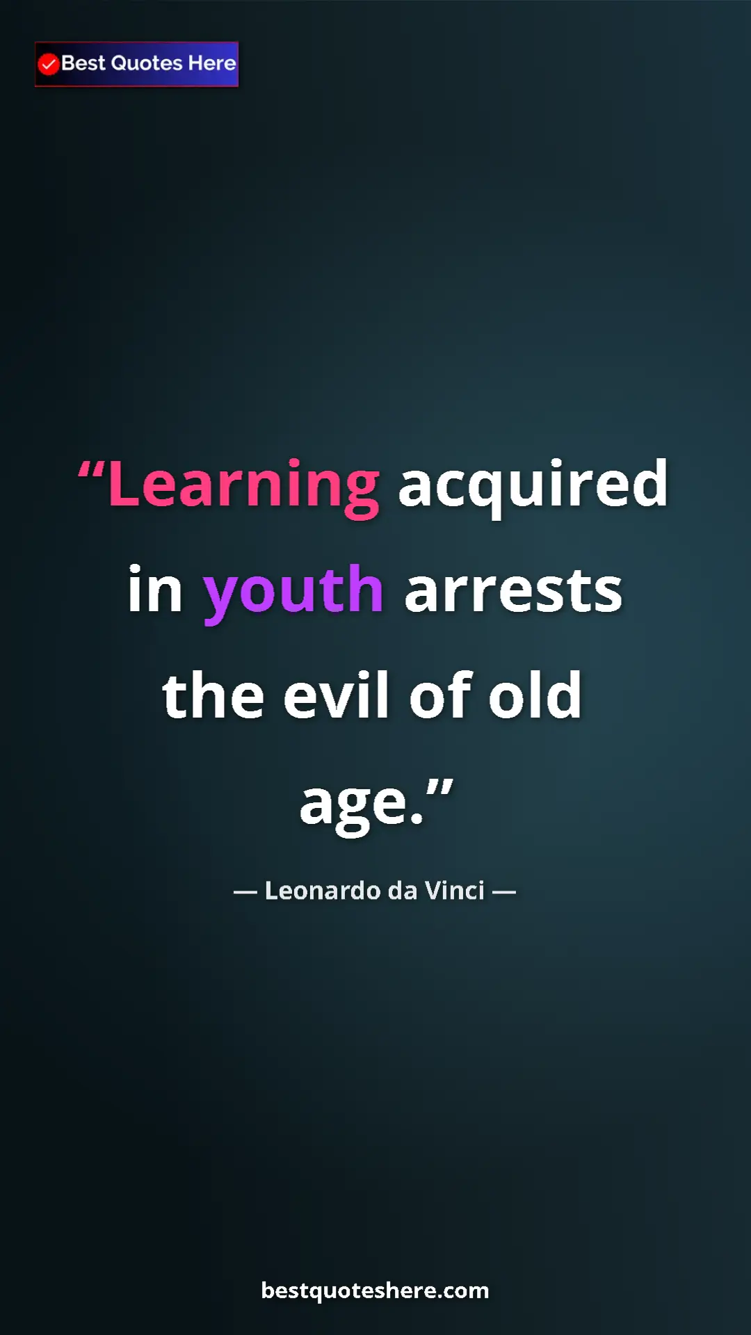 Pinterest quote poster by Leonardo da Vinci: "Learning acquired in youth arrests the evil of old age."