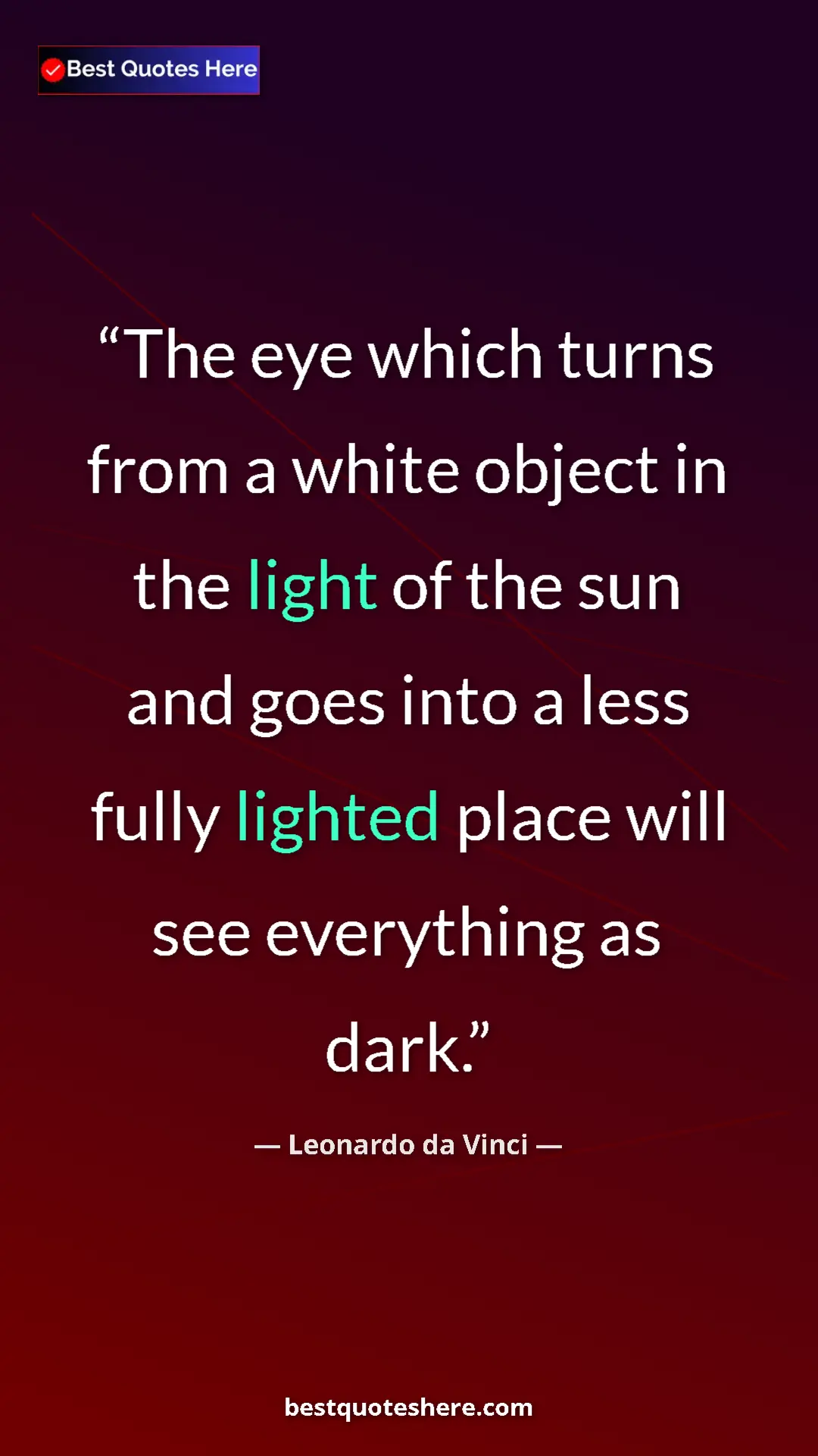 Pinterest quote poster by Leonardo da Vinci: "The eye which turns from a white object in the light of the "