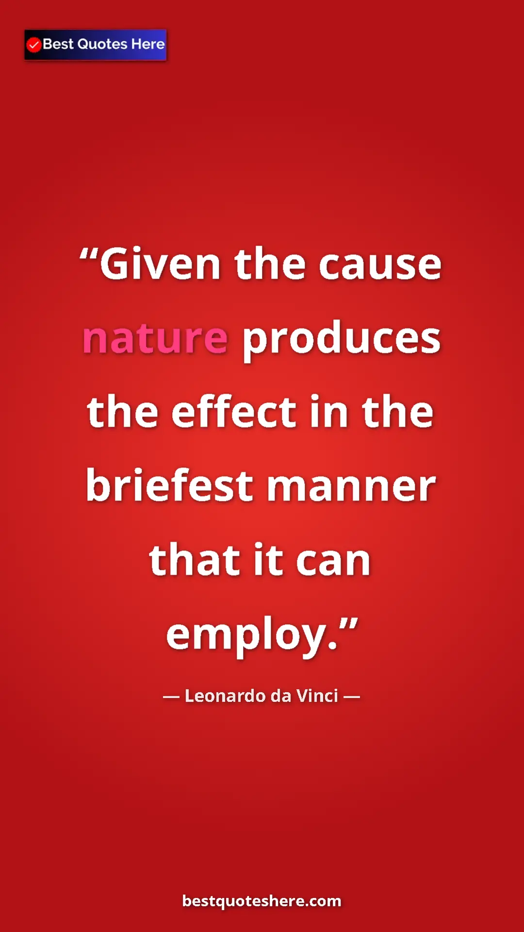 Pinterest quote poster by Leonardo da Vinci: "Given the cause nature produces the effect in the briefest..."