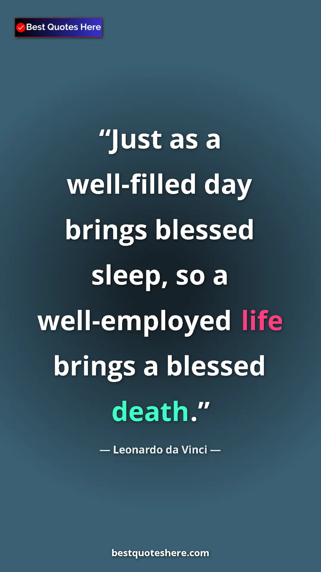 Pinterest quote poster by Leonardo da Vinci: "Just as a well-filled day brings blessed sleep, so a..."