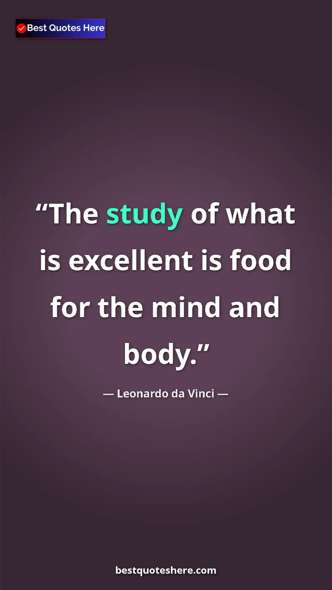 Pinterest quote poster by Leonardo da Vinci: "The study of what is excellent is food for the mind and..."