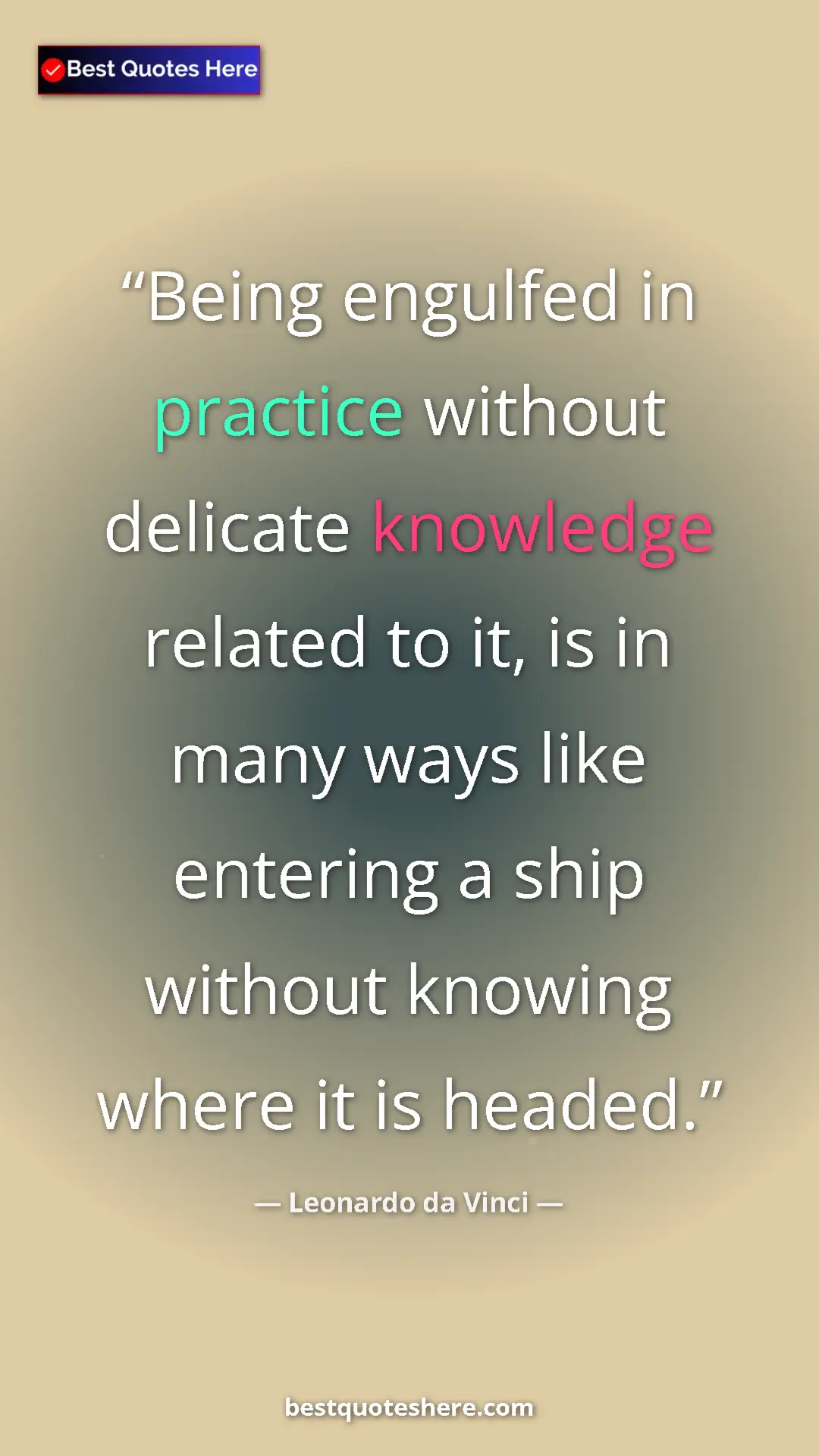Pinterest quote poster by Leonardo da Vinci: "Being engulfed in practice without delicate knowledge..."