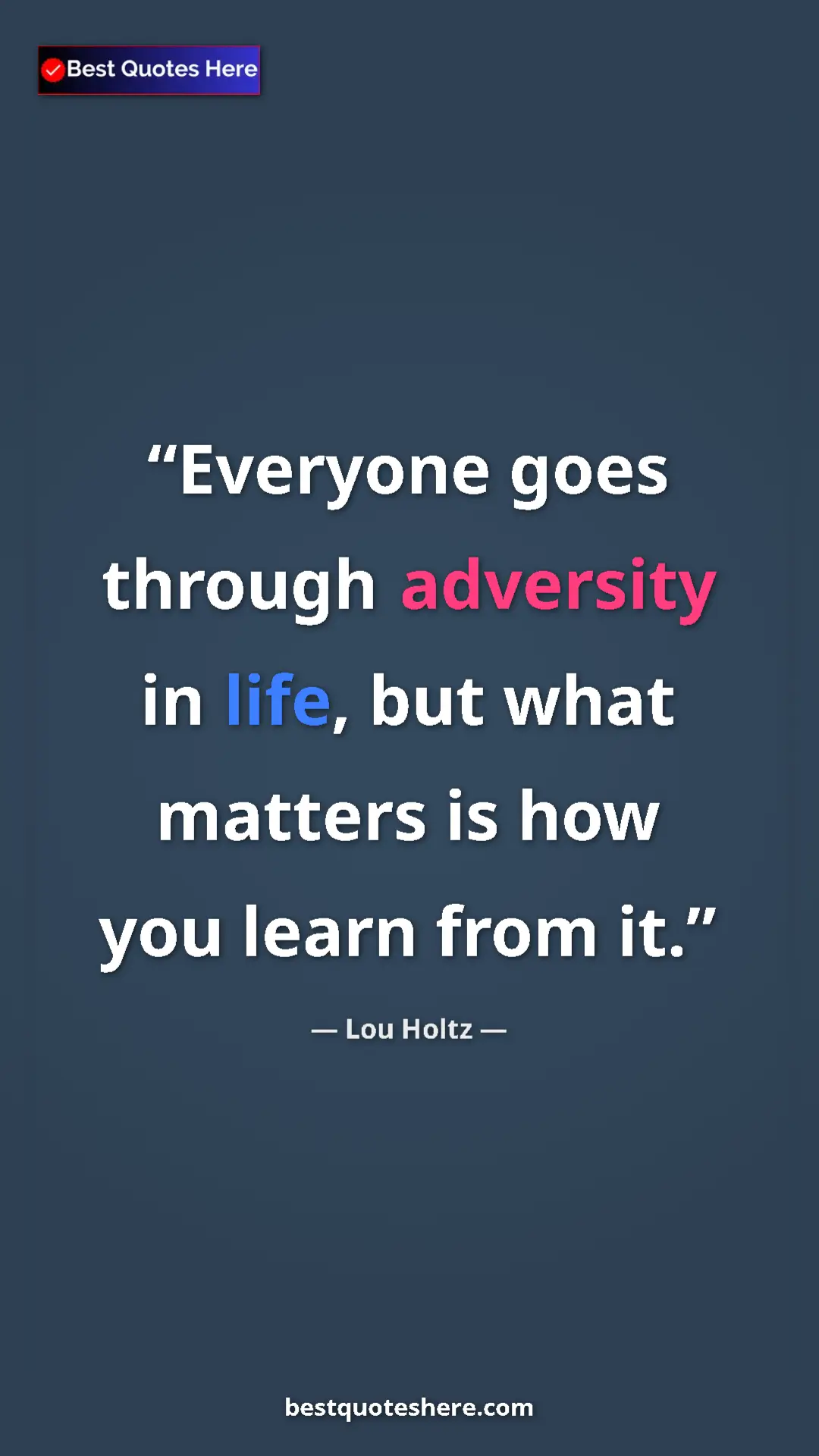 Pinterest quote poster by Lou Holtz: "Everyone goes through adversity in life, but what matters..."
