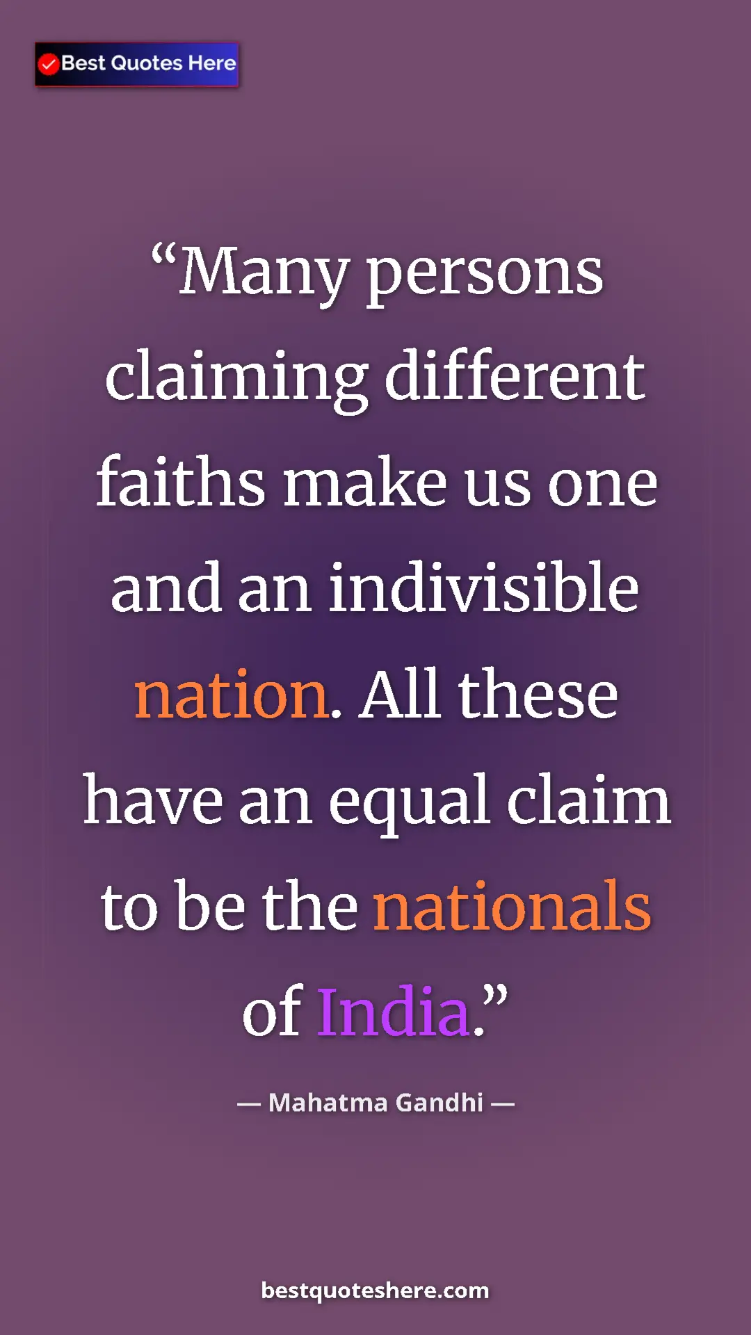 Mahatma Gandhi Quote Card: "Many persons claiming different faiths make us one and an..." Pinterest quote poster by Mahatma Gandhi: "Many persons claiming different faiths make us one and an..."