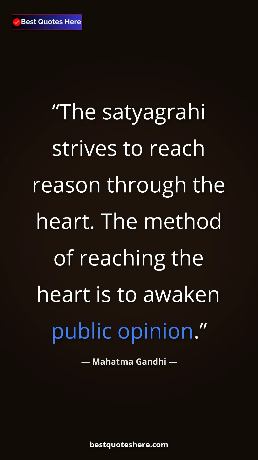 Pinterest quote poster by Mahatma Gandhi: "The satyagrahi strives to reach reason through the heart...."