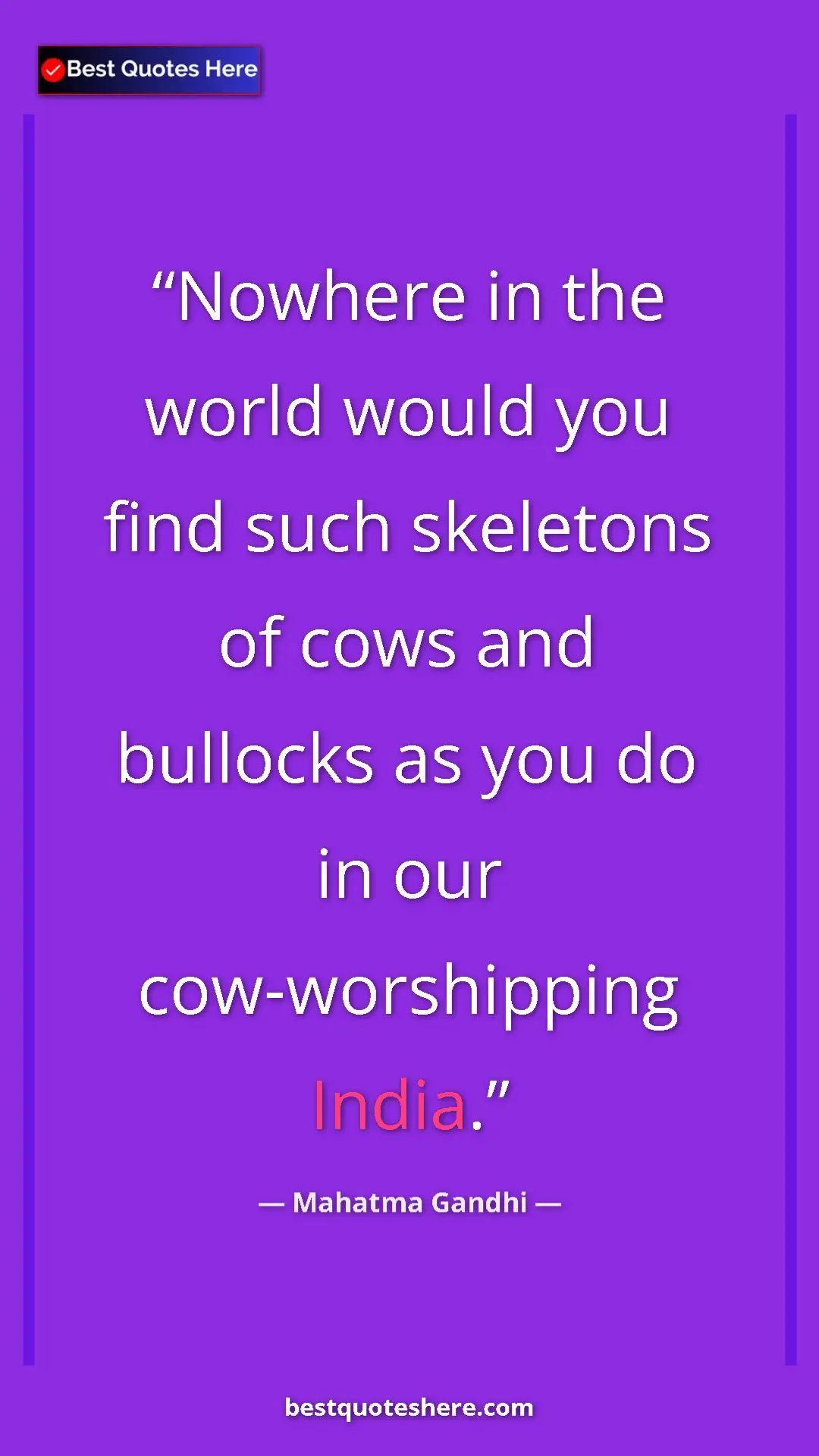 Pinterest quote poster by Mahatma Gandhi: "Nowhere in the world would you find such skeletons of cows..."