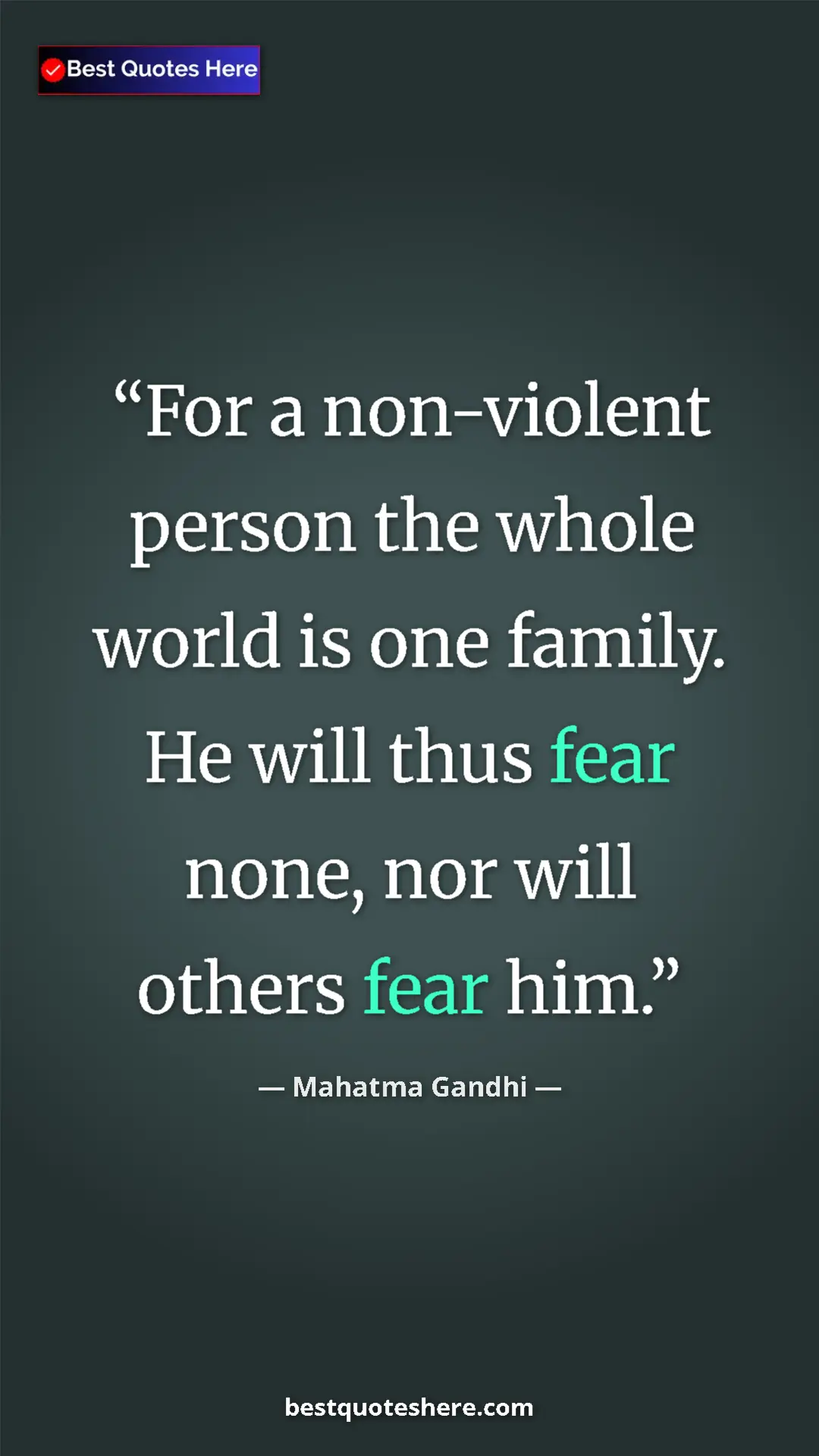 Pinterest quote poster by Mahatma Gandhi: "For a non-violent person the whole world is one family. He..."