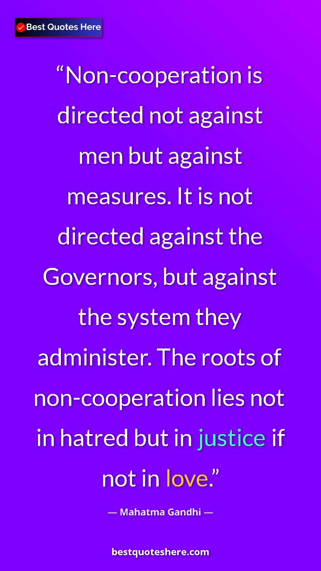 Pinterest quote poster by Mahatma Gandhi: "Non-cooperation is directed not against men but against..."