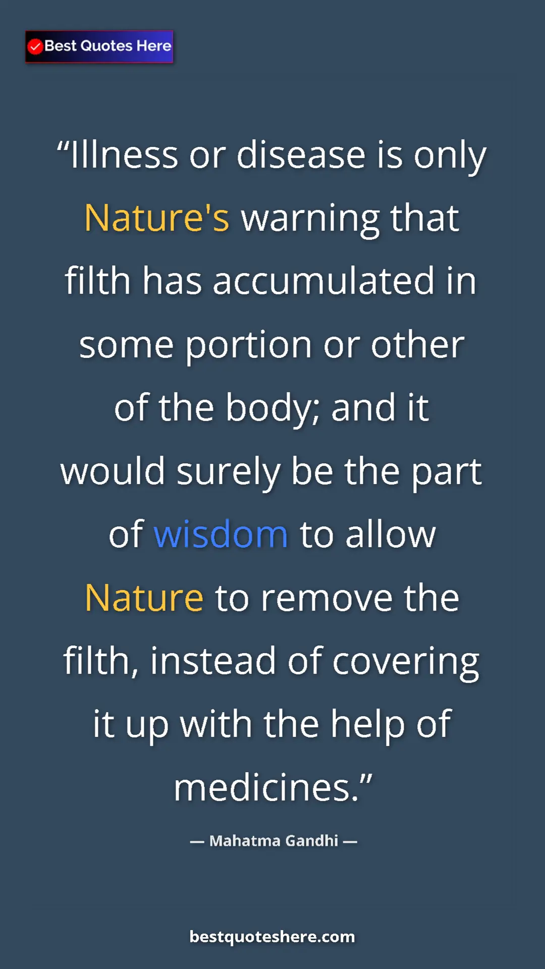 Pinterest quote poster by Mahatma Gandhi: "Illness or disease is only Nature's warning that filth has..."