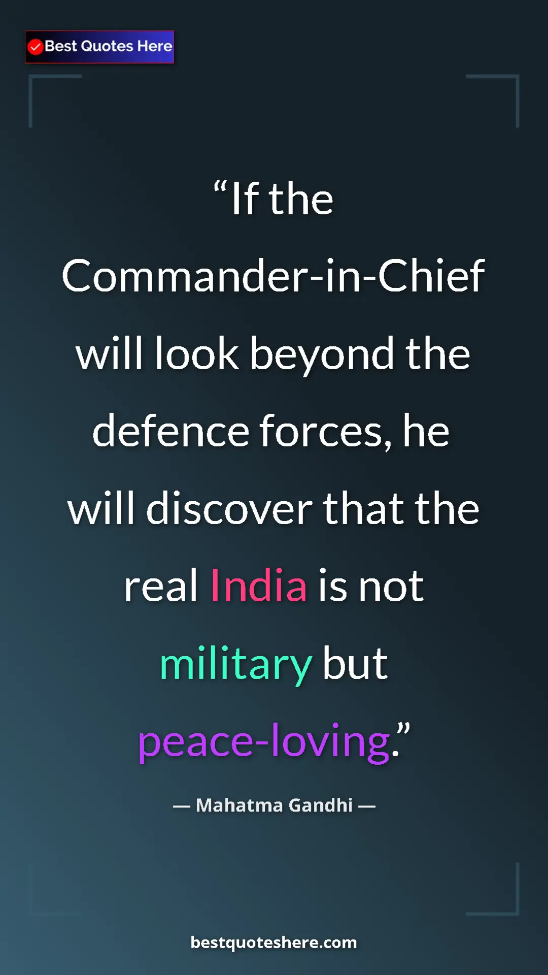 Mahatma Gandhi Quote Card: "If the Commander-in-Chief will look beyond the defence..." Pinterest quote poster by Mahatma Gandhi: "If the Commander-in-Chief will look beyond the defence..."