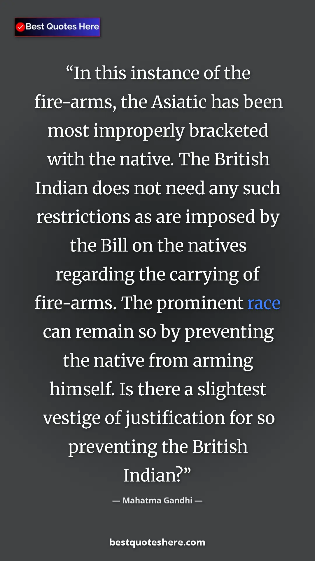 Mahatma Gandhi Quote Card: "In this instance of the fire-arms, the Asiatic has been..." Pinterest quote poster by Mahatma Gandhi: "In this instance of the fire-arms, the Asiatic has been..."