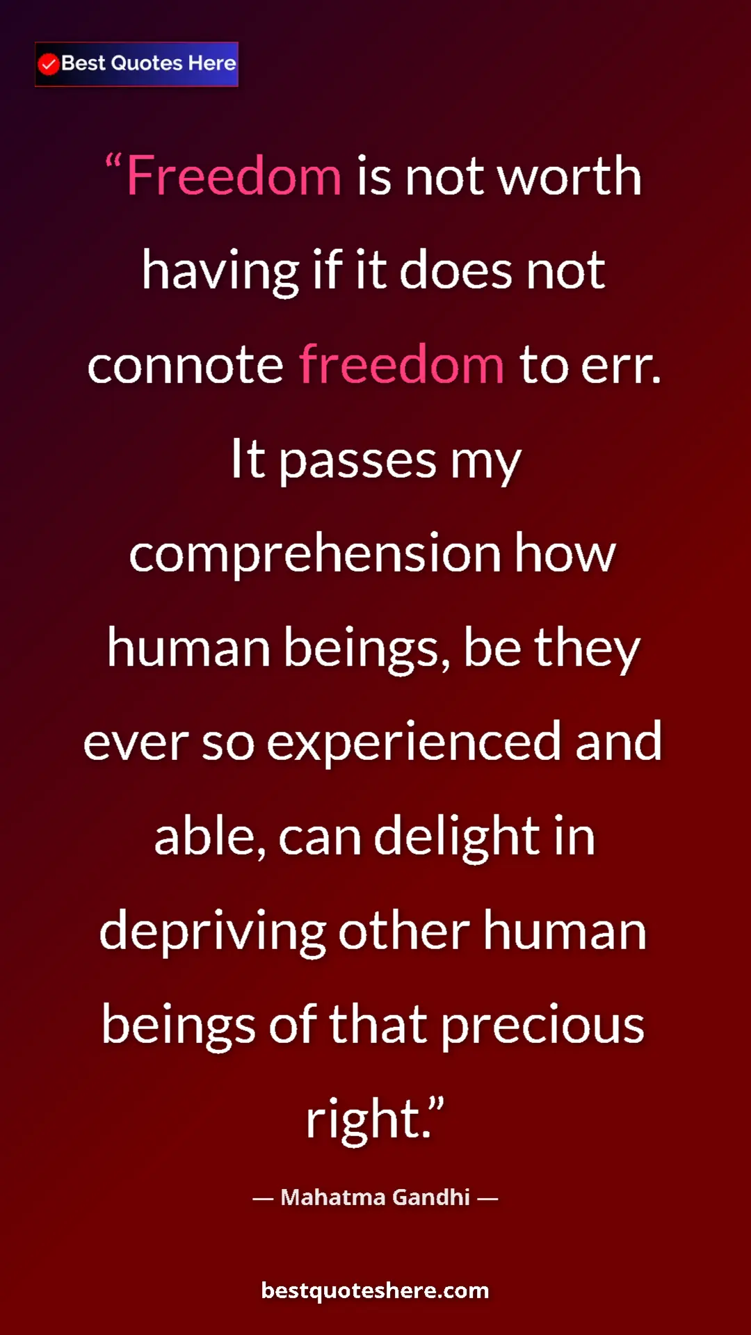 Pinterest quote poster by Mahatma Gandhi: "Freedom is not worth having if it does not connote freedom..."