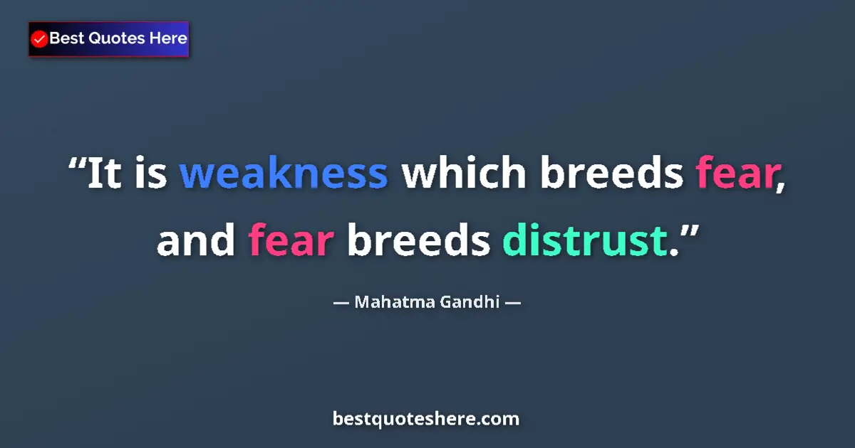 Quote by Mahatma Gandhi: It is weakness which breeds fear, and fear breeds distrust....