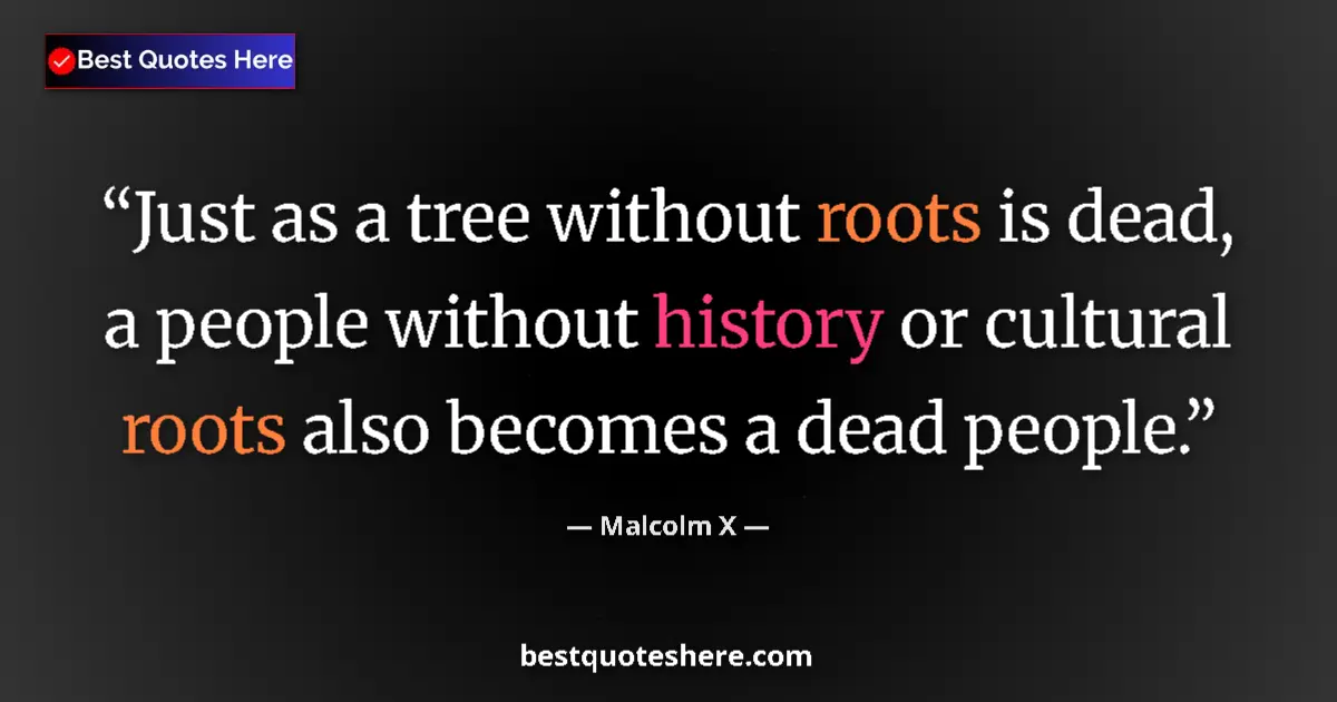 Quote by Malcolm X: Just as a tree without roots is dead, a people without history or cultural roots also becomes a dead...