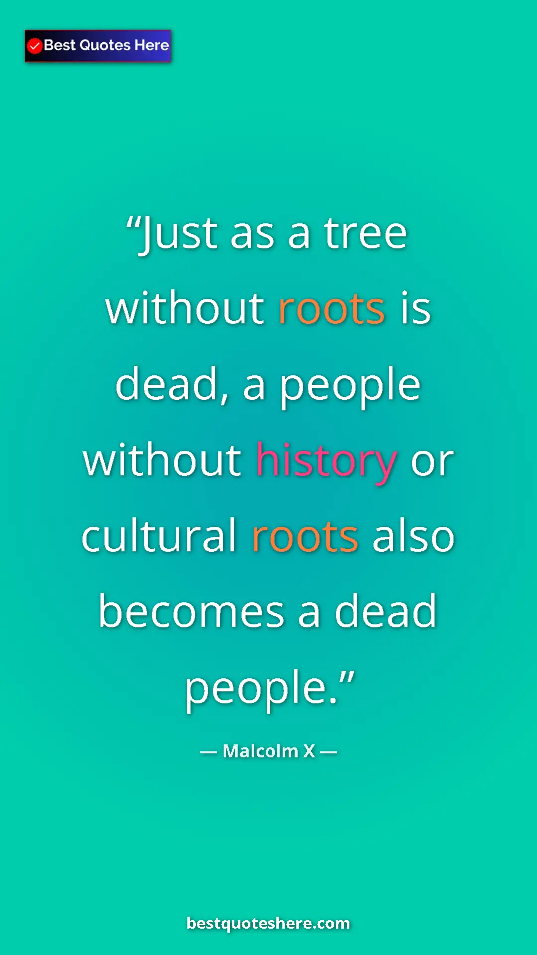 Malcolm X Quote Card: "Just as a tree without roots is dead, a people without..." Pinterest quote poster by Malcolm X: "Just as a tree without roots is dead, a people without..."
