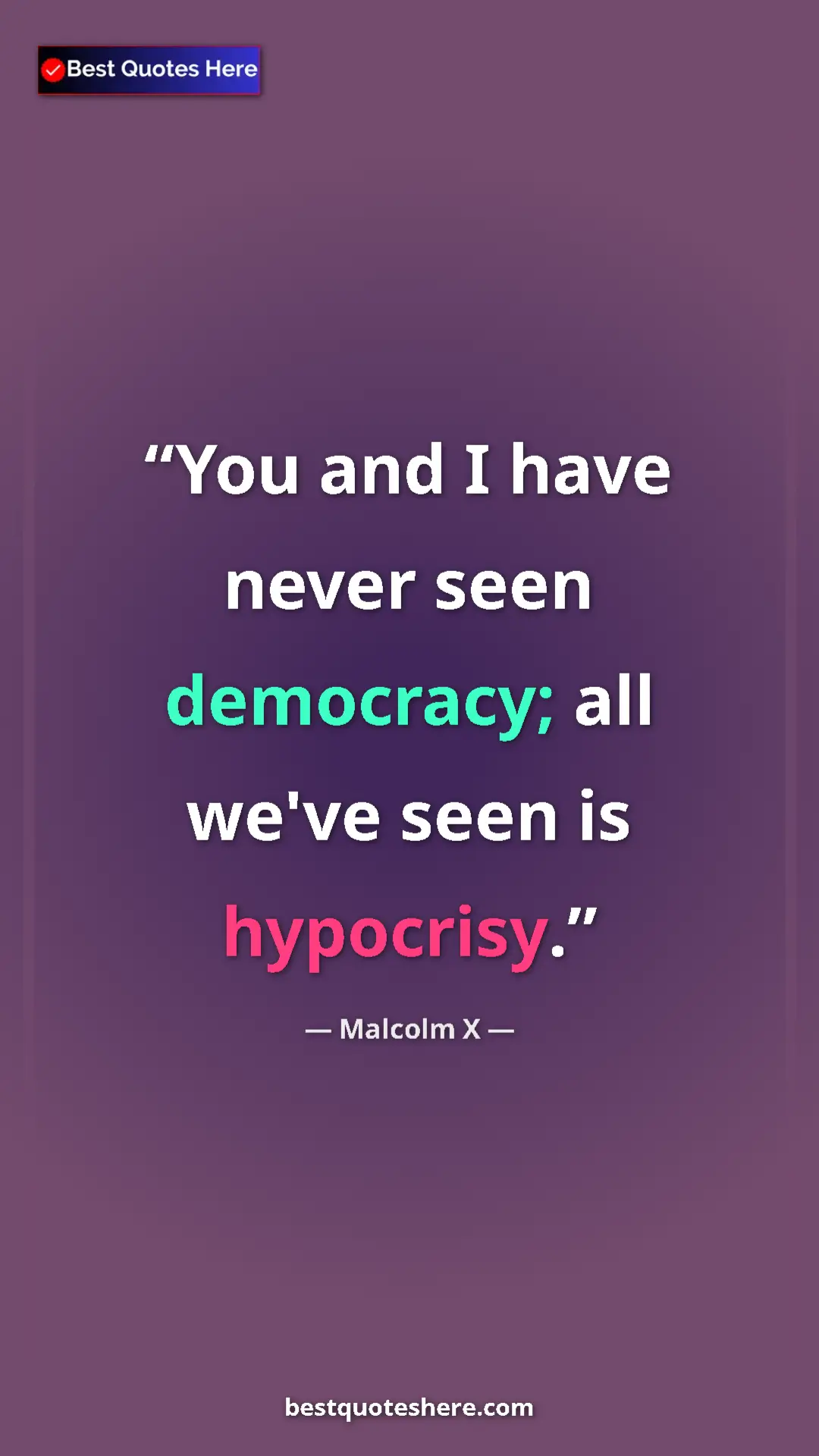 Pinterest quote poster by Malcolm X: "You and I have never seen democracy; all we've seen is..."